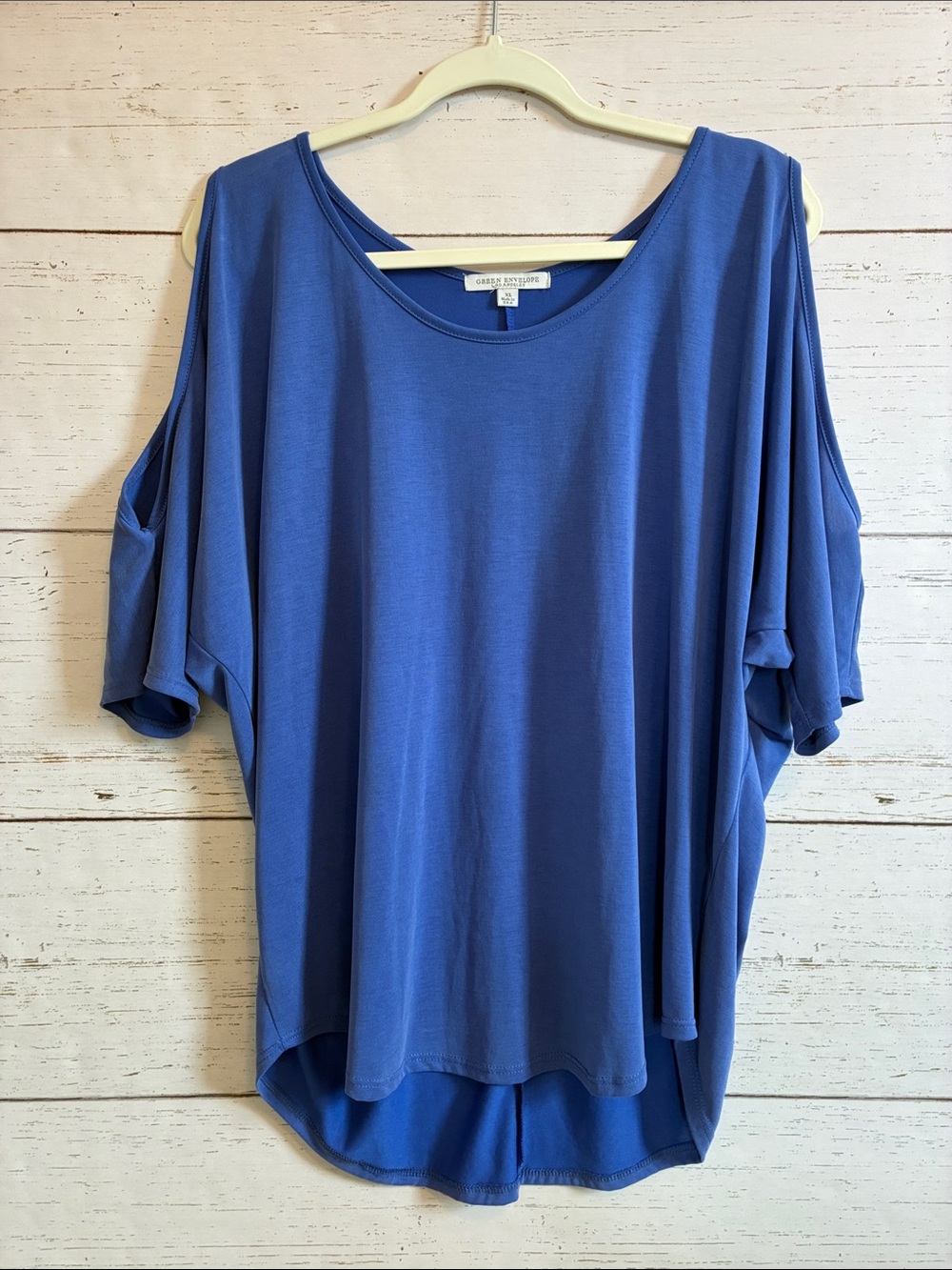 Green Envelope Split/Dolman Sleeved Deep Periwinkle Short Sleeved Top, size XL
